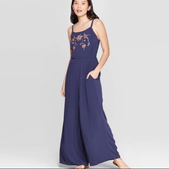 Knox Rose Pants - Knox Rose Blue Floral embroidery Jumpsuit XXL